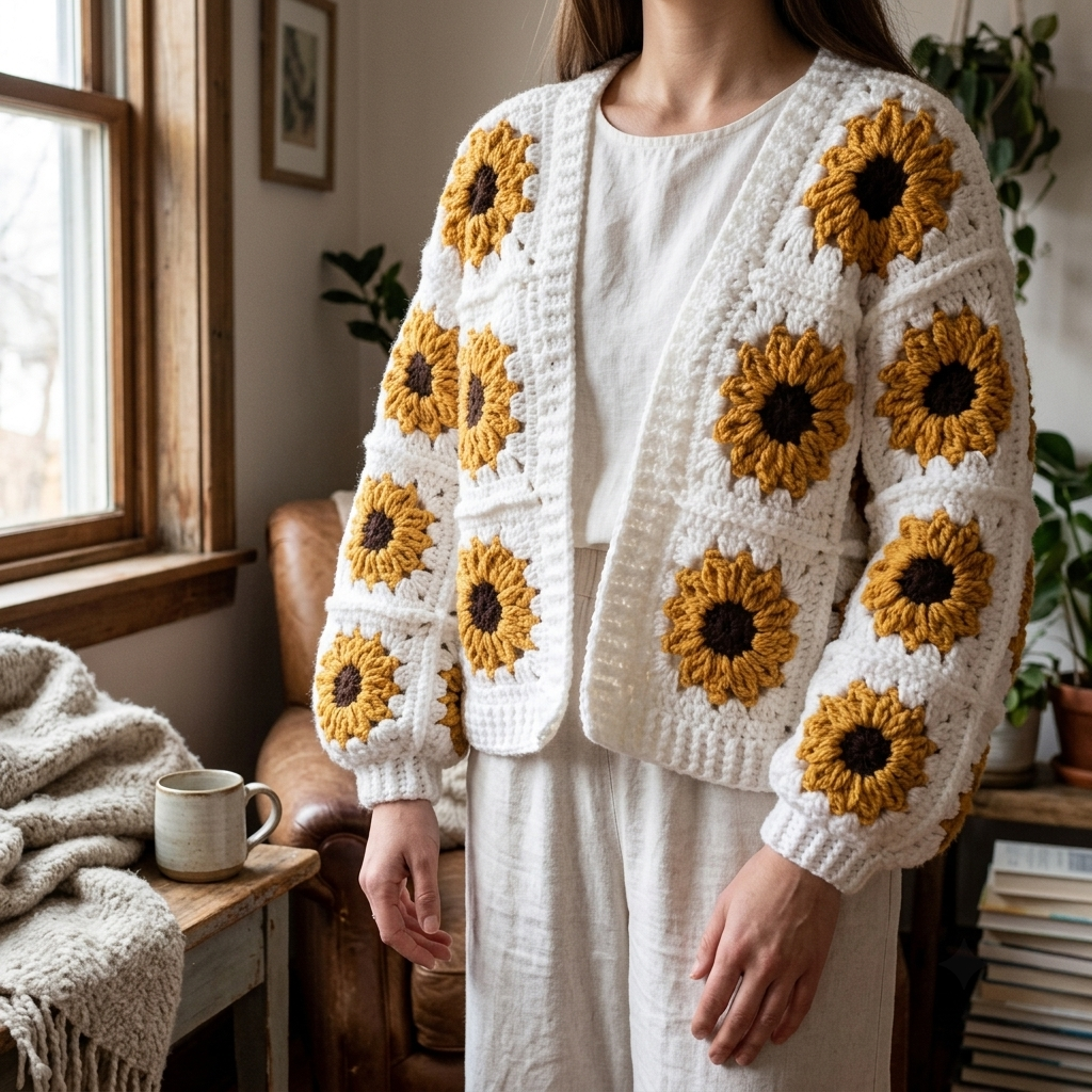 Golden Sunflower Granny Cardigan Crochet Pattern
