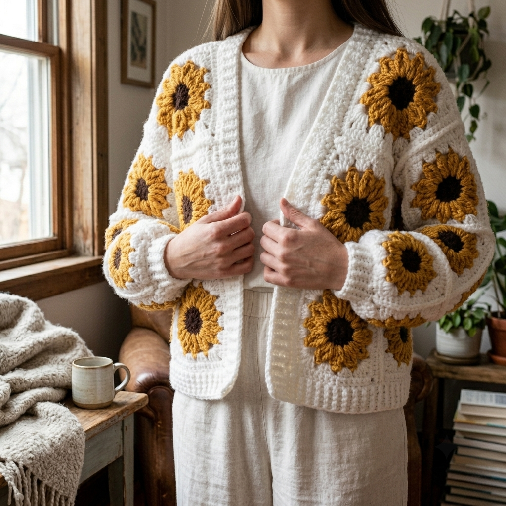 Golden Sunflower Granny Cardigan Crochet Pattern
