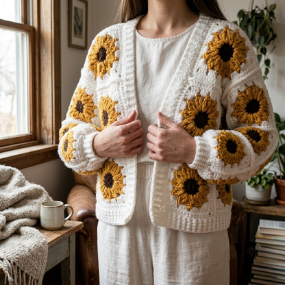 Golden Sunflower Granny Cardigan Crochet Pattern