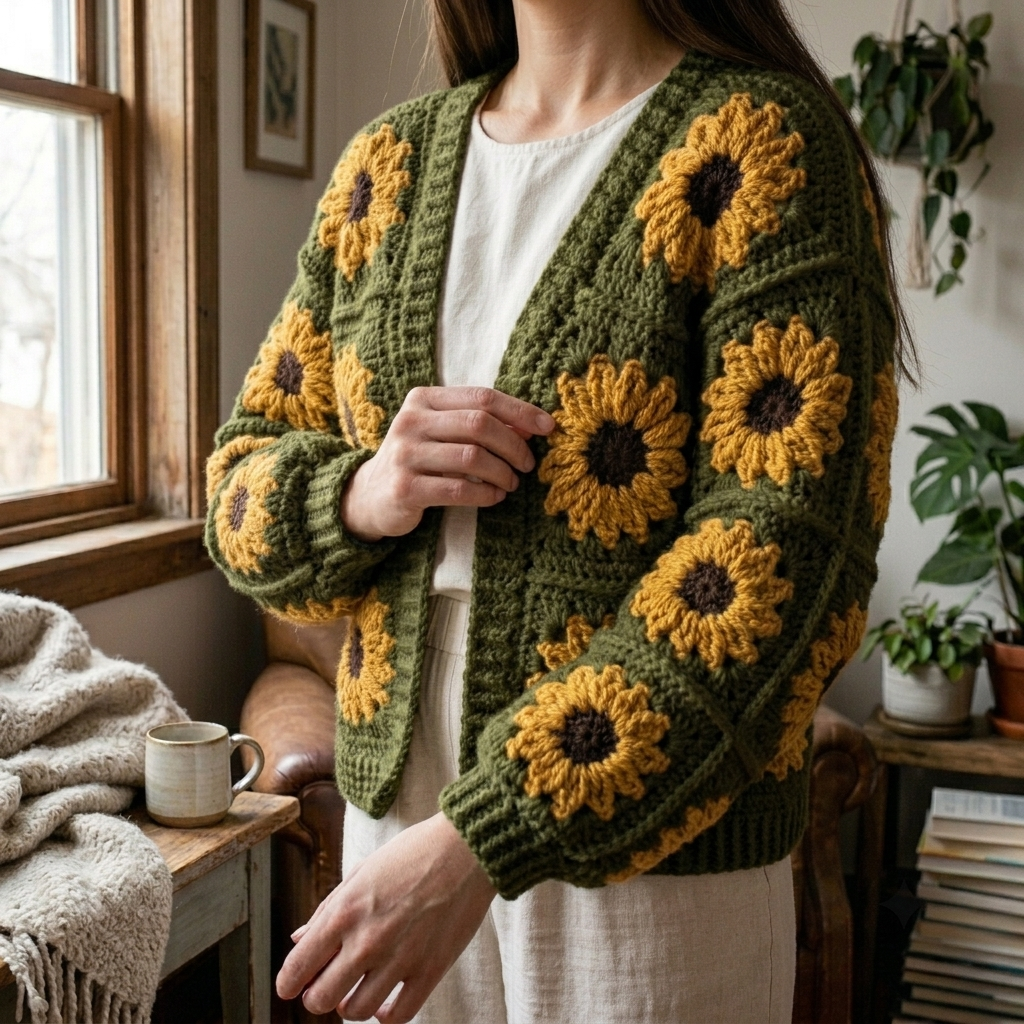 Golden Sunflower Granny Cardigan Crochet Pattern